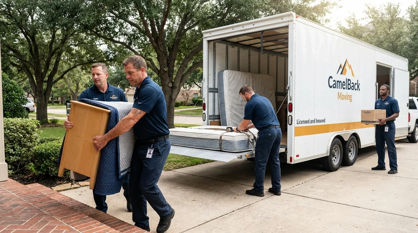 Crew loading residential truck for cross-state move from New Palestine, IN