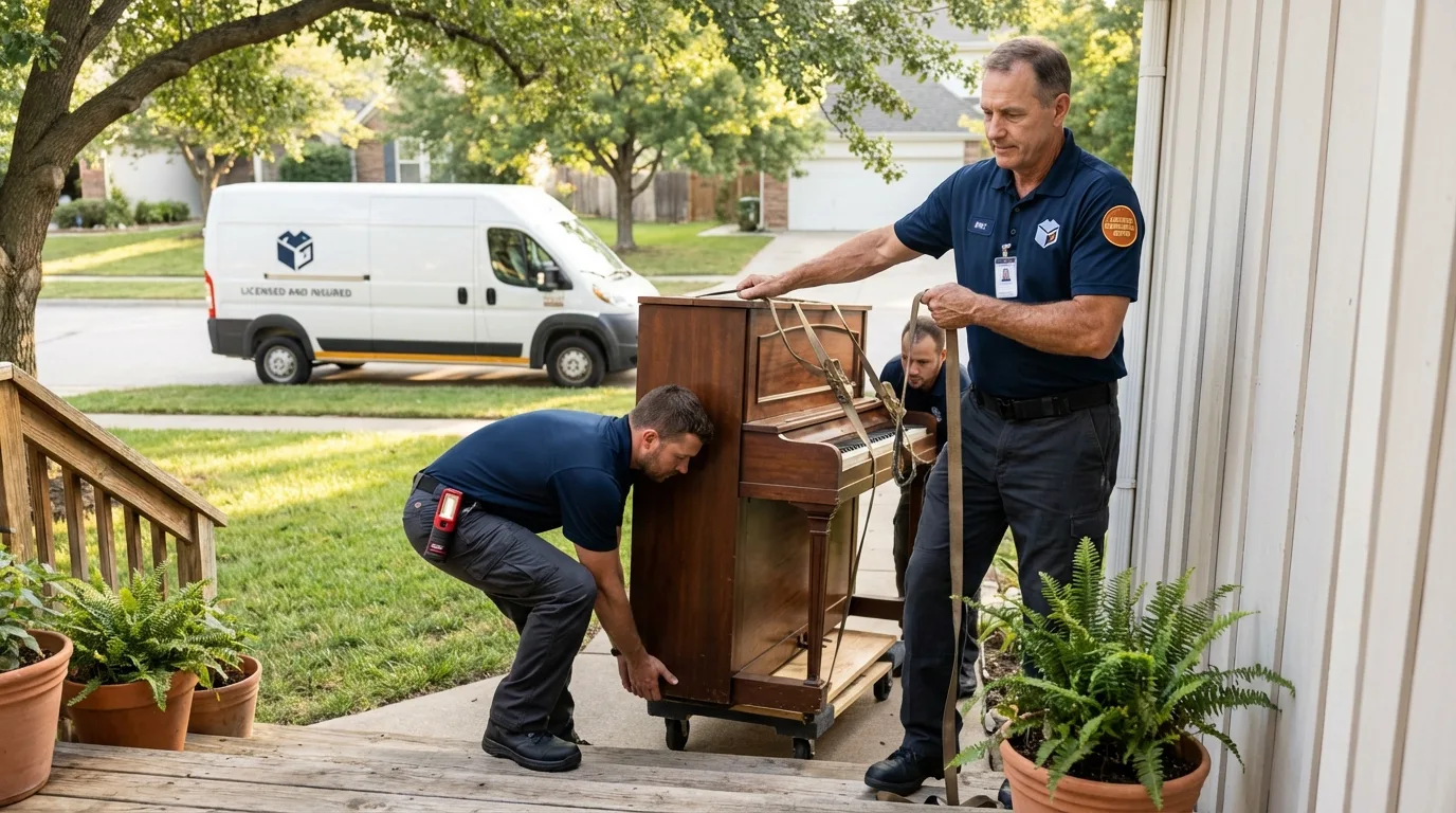 Licensed piano movers securing grand piano in New Palestine, IN