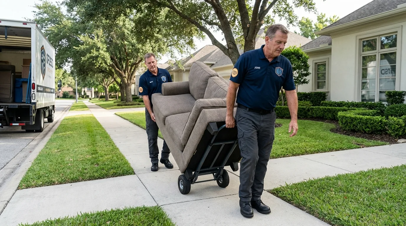 Local residential moving crew loading furniture in New Palestine, IN