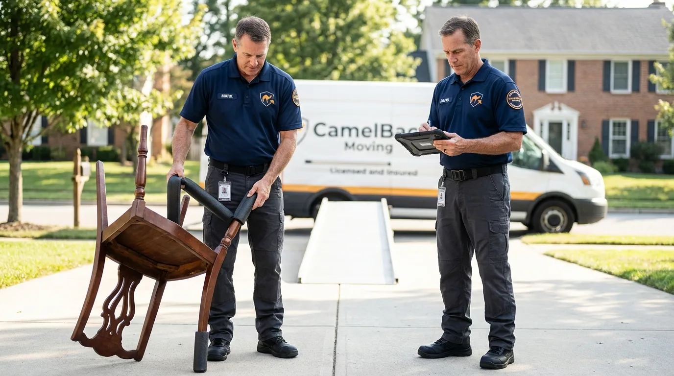 Movers inspecting furniture for damage prevention before loading in New Palestine, IN