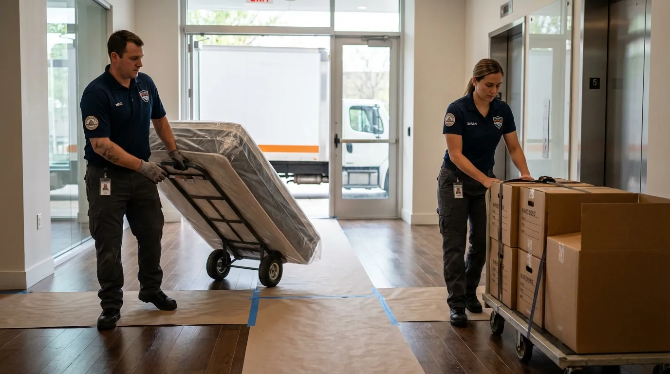 Professional apartment movers loading elevator in New Palestine, IN