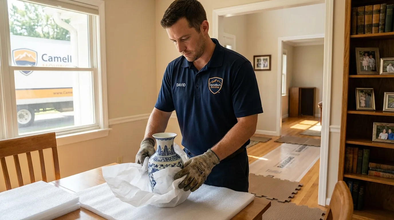 Professional crew carefully wrapping antique vase for senior downsizing move in New Palestine, IN
