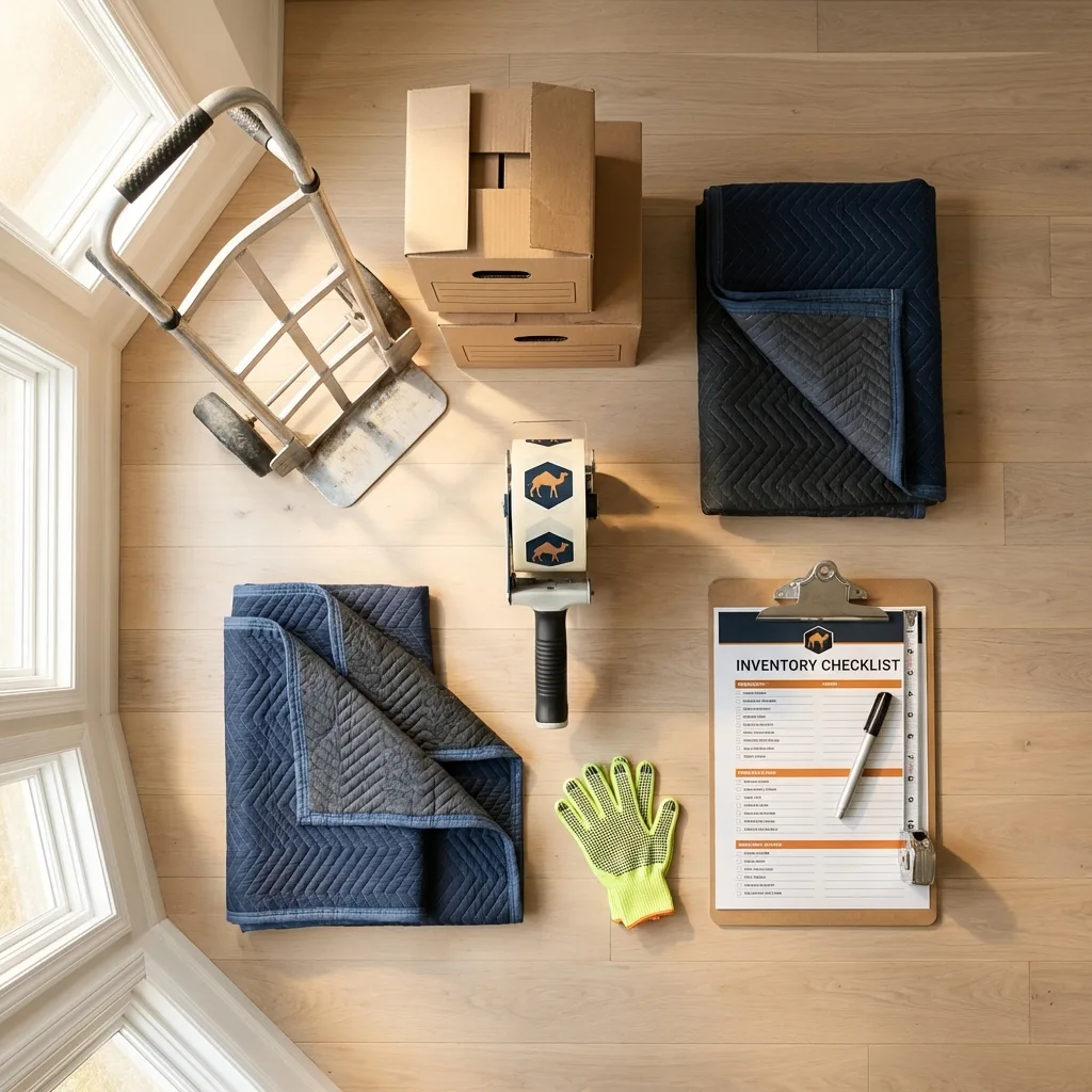Professional moving supplies and packing materials layout for New Palestine residential relocations